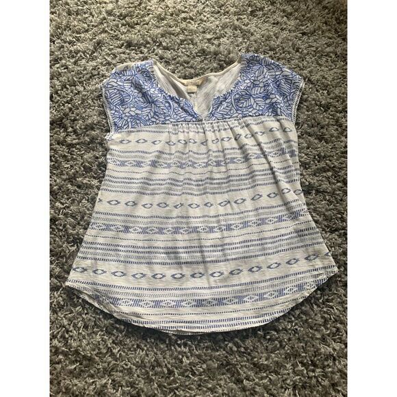 Lucky Brand blue white EMBROIDERED Boho CAP SLEEVE TUNIC SHIRT TOP sz L - Picture 1 of 4
